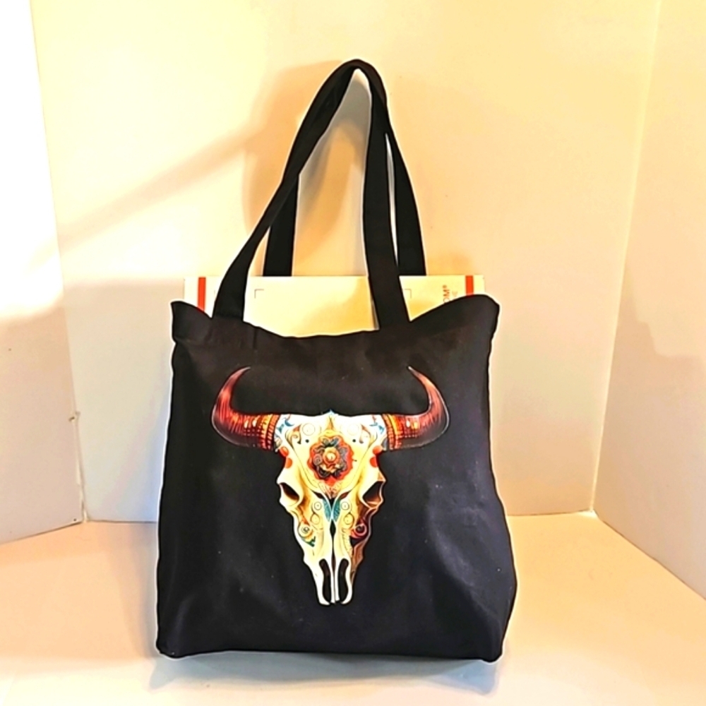 Hand Crafted Happy Hallowen Black Canvas 100%Cotton Reusable Tote Bag Bull Skull